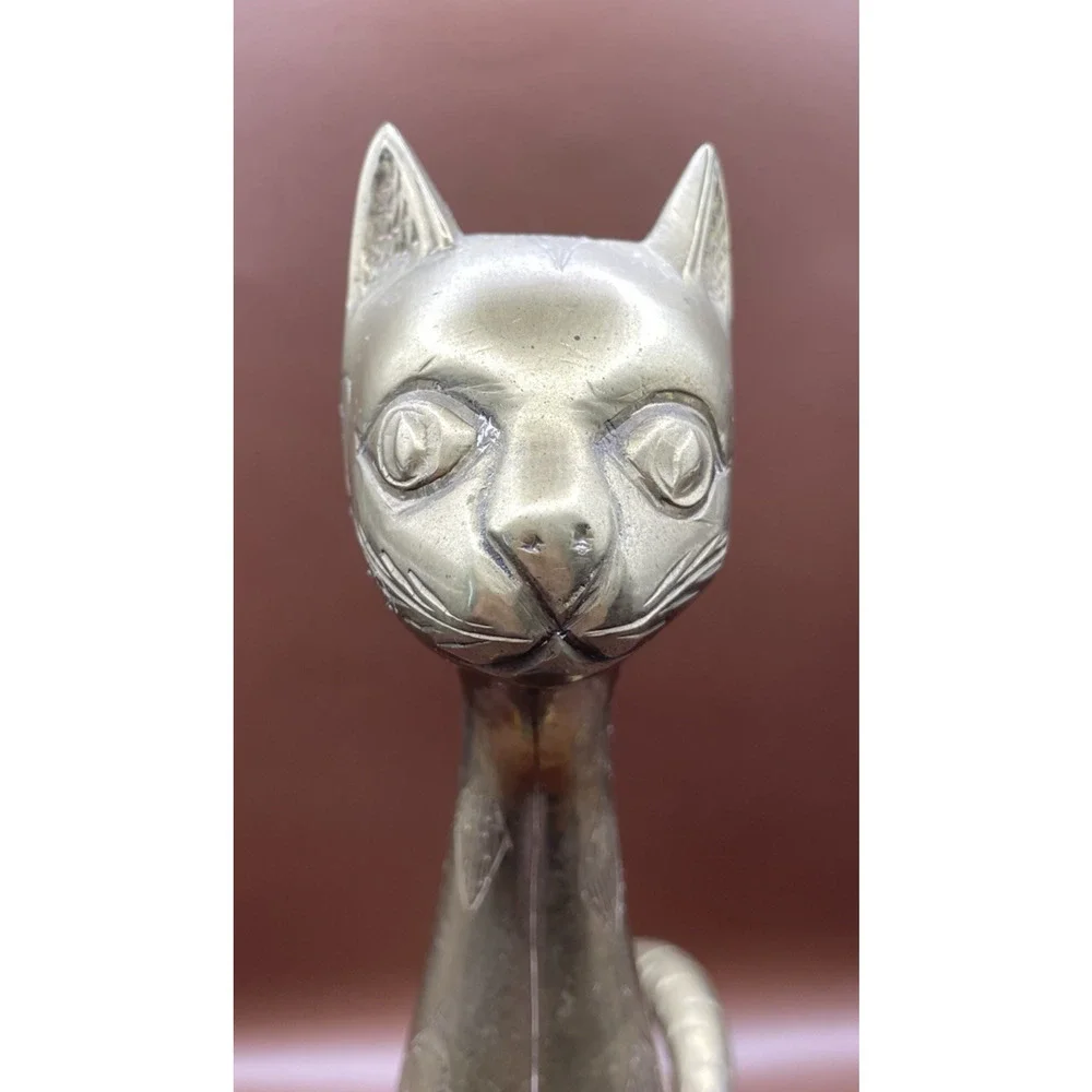Vintage Solid Brass Long Neck Sitting Cat Figurine 9.5